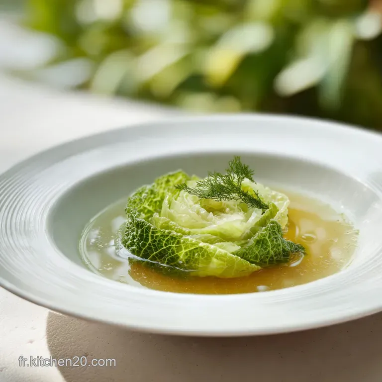 Steaming bowl of cabbage soup with herbs, plated on a rustic wooden board. Warm, inviting colors and textures make it appe...