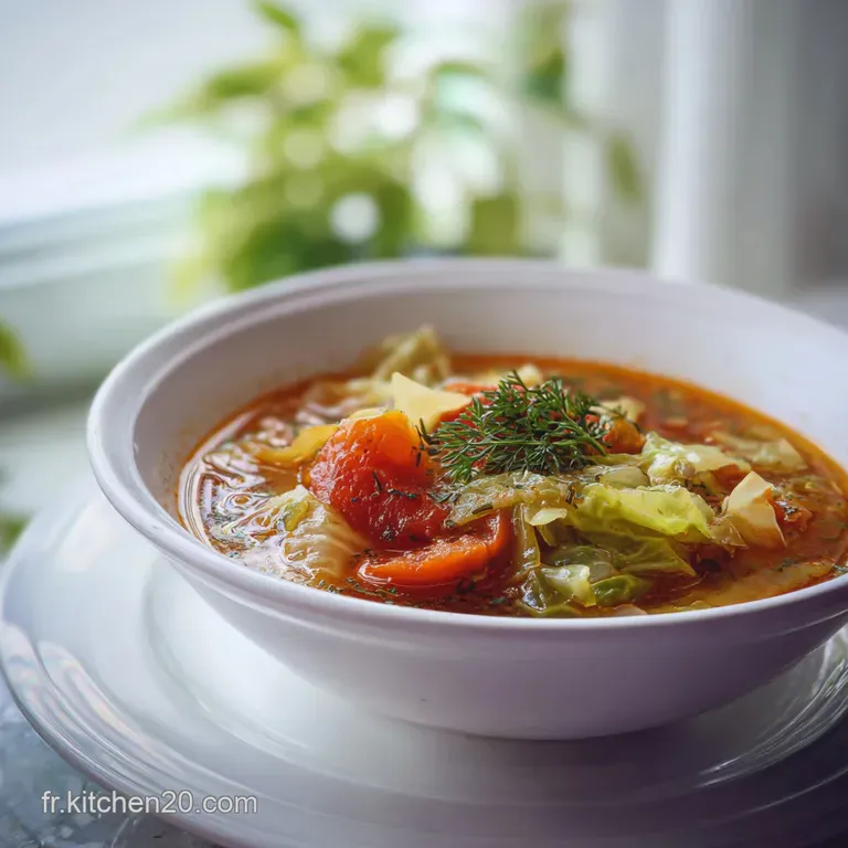 A steaming bowl of comforting cabbage soup, topped with a swirl of cream and fresh parsley.