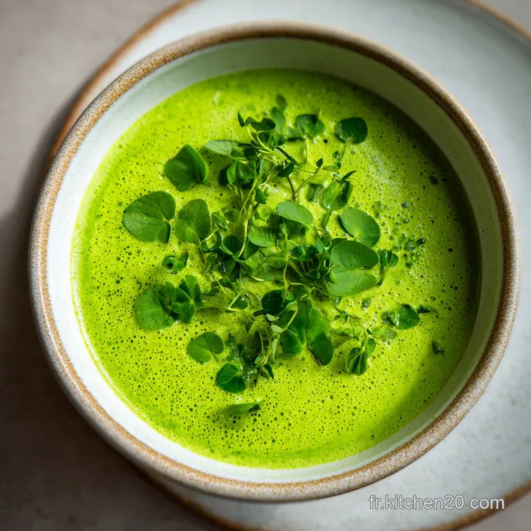 Emerald green watercress soup in a white bowl. Garnish of fresh cream and herbs create an elegant presentation.