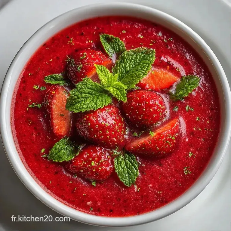 Bol blanc minimaliste rempli d'un liquide rouge soyeux, couronn&eacute; d'une touche de cr&egrave;me blanche et d'une feuille de menthe.