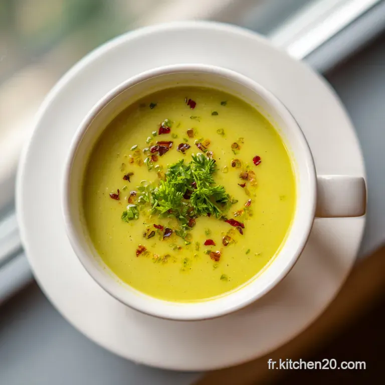 A swirl of cr&egrave;me fra&icirc;che tops a rich, emerald-green split pea soup, garnished with chives.