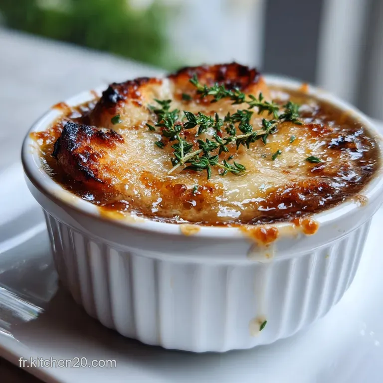 Elegant French onion soup served in a white ceramic bowl, steam rising above the golden, cheesy crust with fresh thyme spr...