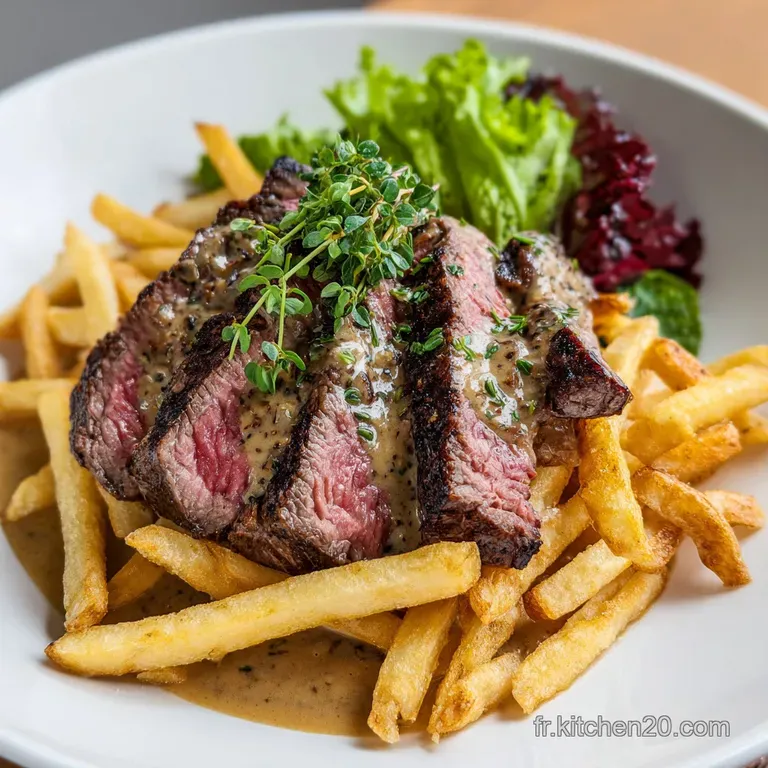 Perfectly seared steak slices fanned out atop a mound of crispy fries, glistening with sauce on a sophisticated plate.