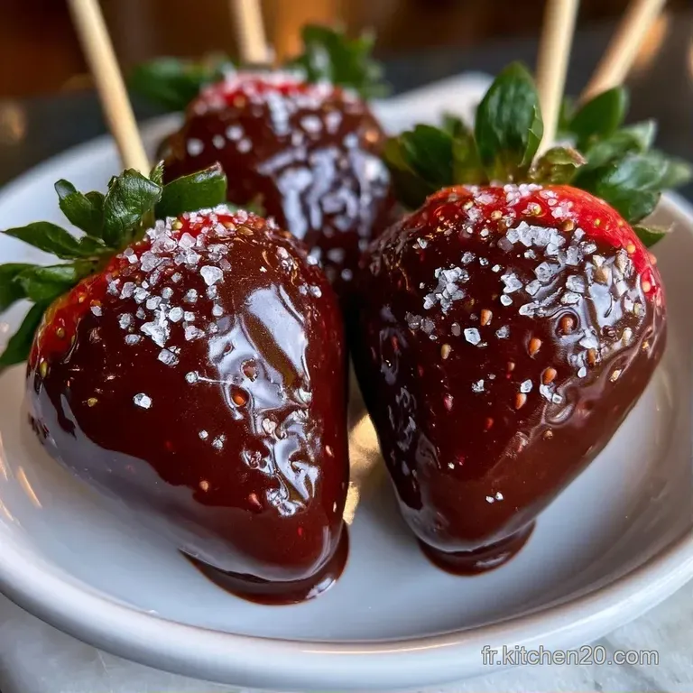 Fraises glac&eacute;es au cacao sombre dispos&eacute;es avec art sur une assiette blanche, cr&eacute;ant un contraste vif et minimaliste.