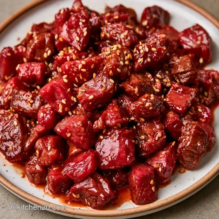 Montage soign&eacute; de viande rouge fra&icirc;che et brillante, entour&eacute; de pousses vertes sur une assiette blanche minimaliste.