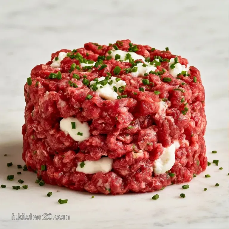 Monticule de b&oelig;uf rouge vif contrastant avec une cr&egrave;me de ch&egrave;vre blanche sur assiette blanche, d&eacute;cor&eacute; de ciboulette.