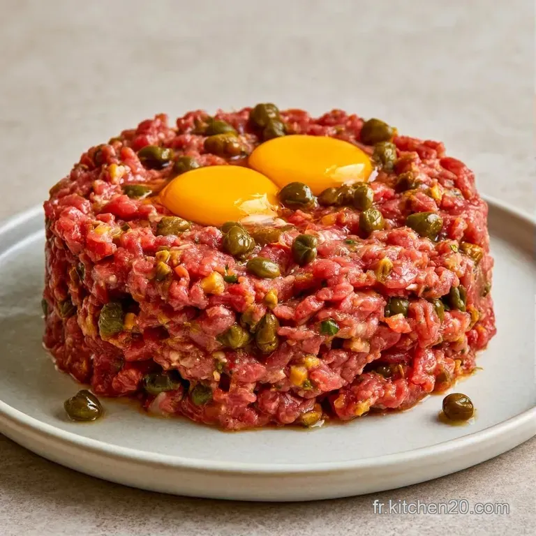 Cylindre de viande rouge juteuse, d&eacute;cor&eacute; d'une pointe de cr&egrave;me et de pousses vertes fra&icirc;ches sur un plat &eacute;pur&eacute;.