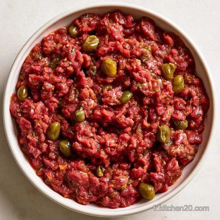 Viande rouge sculpt&eacute;e avec pr&eacute;cision, accompagn&eacute;e de toasts dor&eacute;s et de fines herbes fra&icirc;ches dans une assiette &eacute;pur&eacute;e.