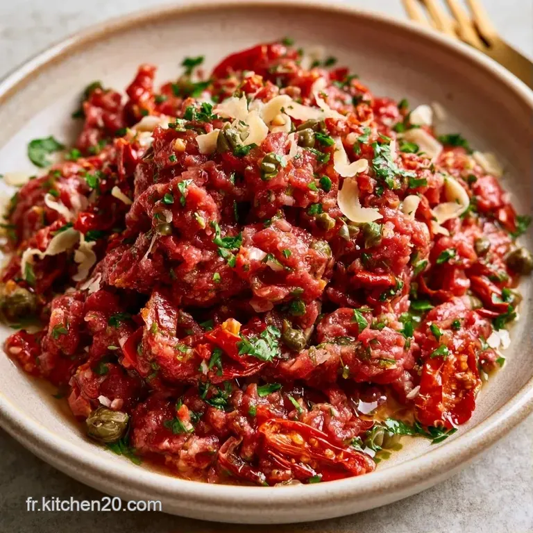 D&ocirc;me de b&oelig;uf rouge vif sur assiette blanche, d&eacute;cor&eacute; de fines herbes vertes et de morceaux de tomates s&eacute;ch&eacute;es luisantes.