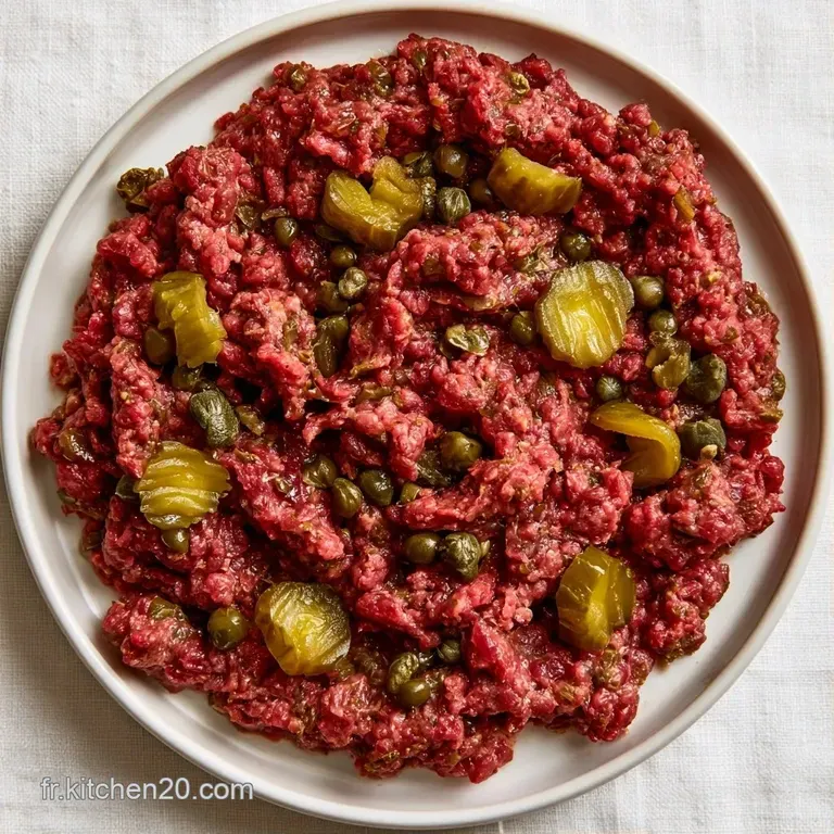 Viande rouge vif moul&eacute;e en cercle sur porcelaine blanche, avec des cro&ucirc;tons grill&eacute;s et des &eacute;clats de c&acirc;pres vertes.