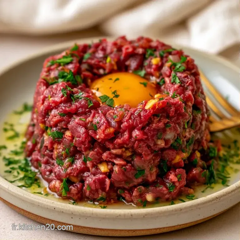 Viande hach&eacute;e rouge vif moul&eacute;e avec pr&eacute;cision, accompagn&eacute;e d'un trait de mayonnaise lisse sur une assiette blanche.