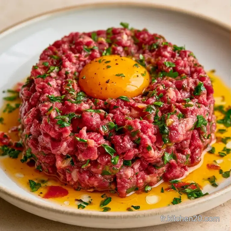 Viande rouge fra&icirc;chement cisel&eacute;e dress&eacute;e en cercle, entour&eacute;e de feuilles de salade croquantes sur une assiette blanche.