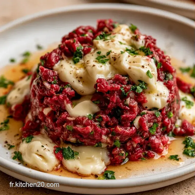Viande rouge cisel&eacute;e dispos&eacute;e avec soin, contrastant avec le blanc cr&eacute;meux du fromage sur une assiette blanche &eacute;pur&eacute;e.