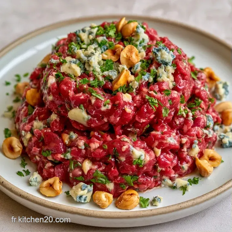 Montage &eacute;l&eacute;gant de viande crue rouge vif, &eacute;clats de noisettes croquantes et touches de fromage cr&eacute;meux et blanc.