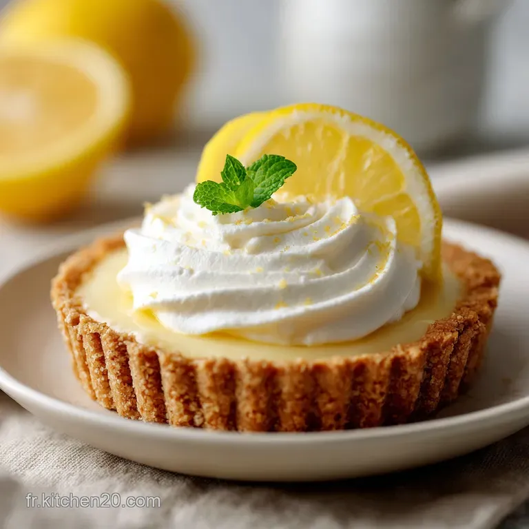 A pristine slice of lemon tart on a white plate, adorned with a dollop of cream and berries.