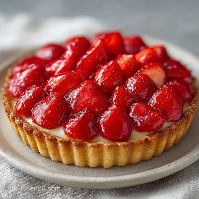 Part de tarte aux fruits rouges sur assiette blanche, cro&ucirc;te croustillante et fraises juteuses avec une feuille de menthe.