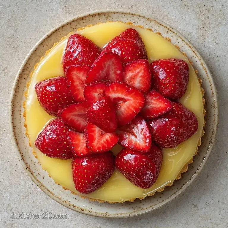 Part de tarte sur assiette blanche, fraises juteuses et brillantes sur cr&egrave;me lisse avec une feuille de menthe fra&icirc;che.