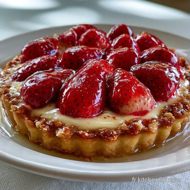 Une part fine pos&eacute;e sur une assiette blanche, avec des fraises juteuses et une feuille de menthe verte bien fra&icirc;che.