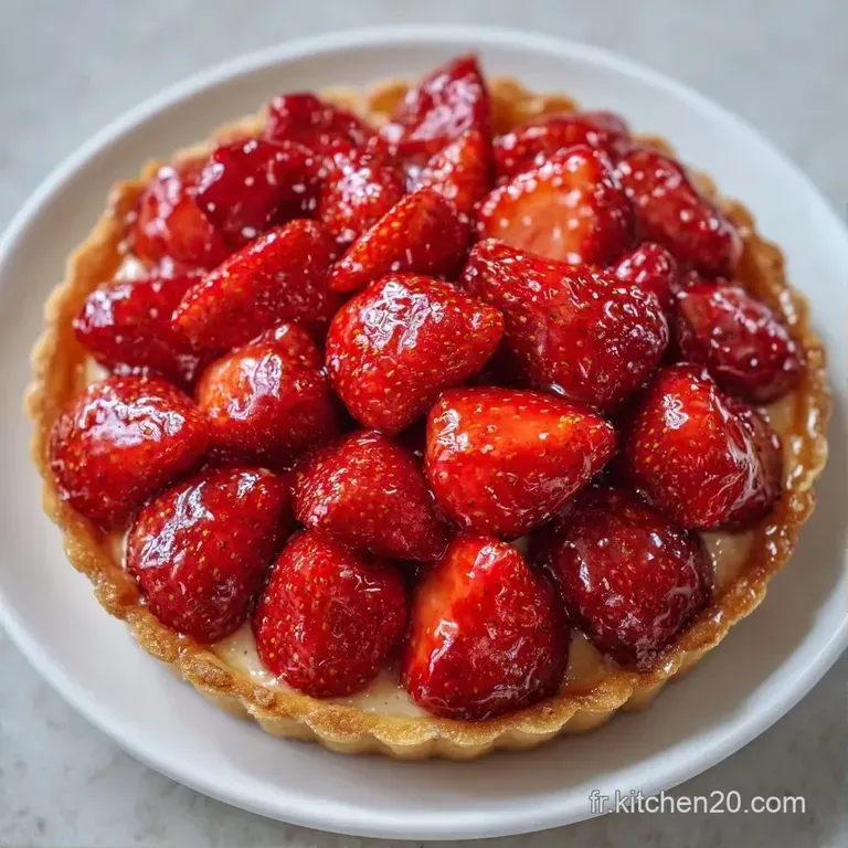 Une part de tarte aux fruits rouges sur assiette blanche, avec une feuille de menthe et un nappage brillant et lisse.
