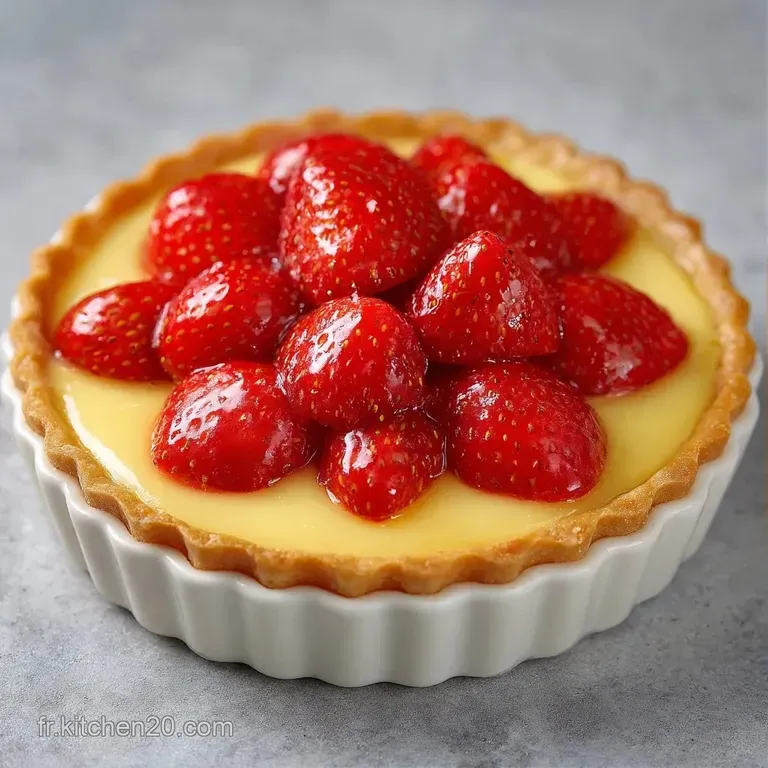Une part de tarte aux fraises juteuses pos&eacute;e sur une assiette blanche &eacute;pur&eacute;e avec une petite feuille de menthe fra&icirc;che.