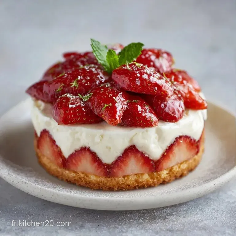 Une part de g&acirc;teau aux fruits rouges sur assiette blanche, d&eacute;cor&eacute;e d'une feuille de menthe fra&icirc;che et d'un nappage brillant.