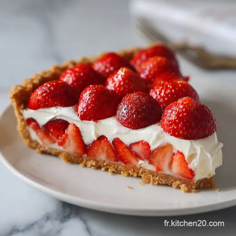 A slice of strawberry tart with a delicate, buttery crust sits on a white plate with fresh mint.