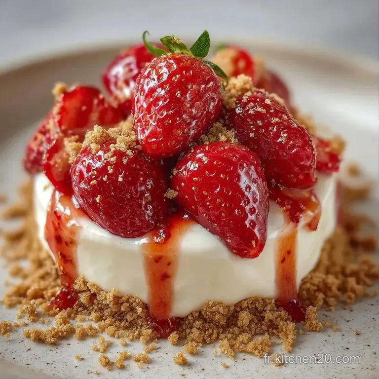 Une part de dessert frais pos&eacute;e sur une assiette blanche, r&eacute;v&eacute;lant une base dor&eacute;e croquante et des fraises &eacute;clatantes.