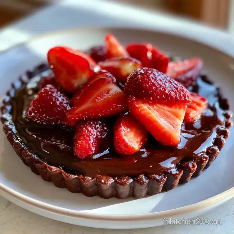 Tranche de dessert onctueux au brun profond et fruits rouges vifs, pr&eacute;sent&eacute;e avec soin sur une assiette en porcelaine.
