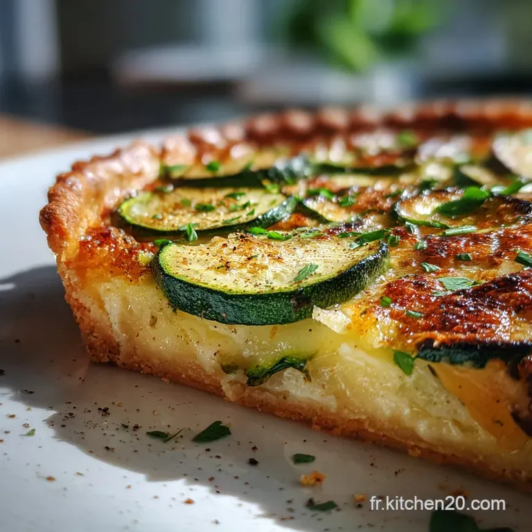 Slice of zucchini tart on a white plate, showcasing the creamy filling and crisp crust. Fresh herb sprig garnish.