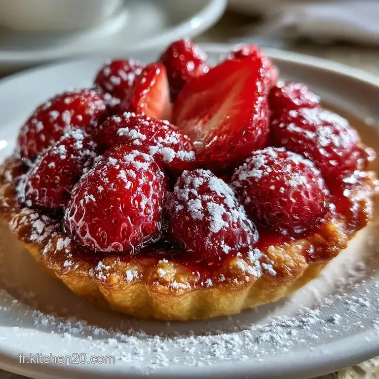 Une part de tarte aux fruits rouges sur assiette blanche, contrastant le rouge vif des baies et le sucre neigeux fin.