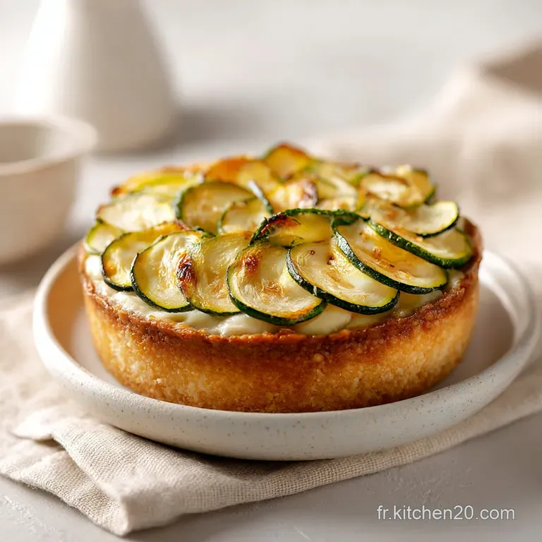 A slice of golden savory tart on a white ceramic plate, garnished with fresh microgreens and a drizzle of olive oil.