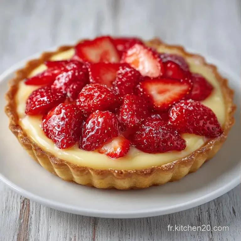 Une part de tarte aux fruits rouges sur une assiette blanche, d&eacute;cor&eacute;e d'une feuille de menthe et d'un sucre glace fin.