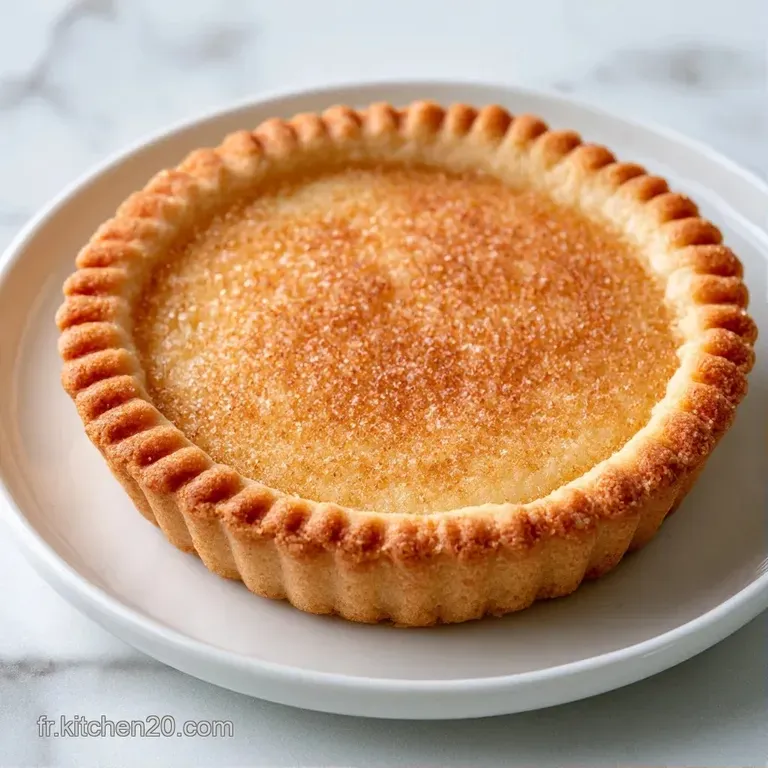 Une petite tartelette sabl&eacute;e bien dor&eacute;e pos&eacute;e sur une assiette blanche, avec quelques miettes croquantes autour.
