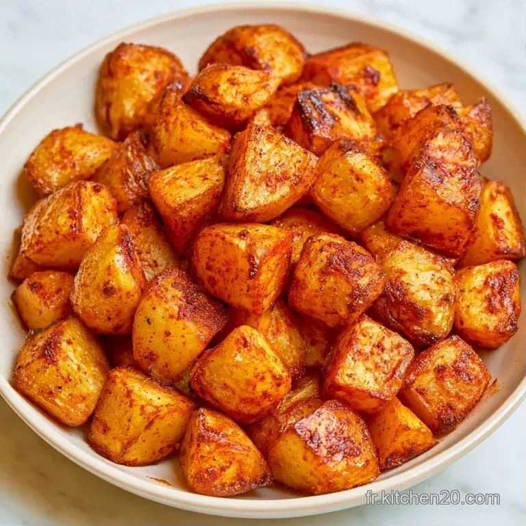 D&eacute;s de pommes de terre rissol&eacute;s et brillants, dress&eacute;s avec soin sur porcelaine blanche avec une touche de sel fin.