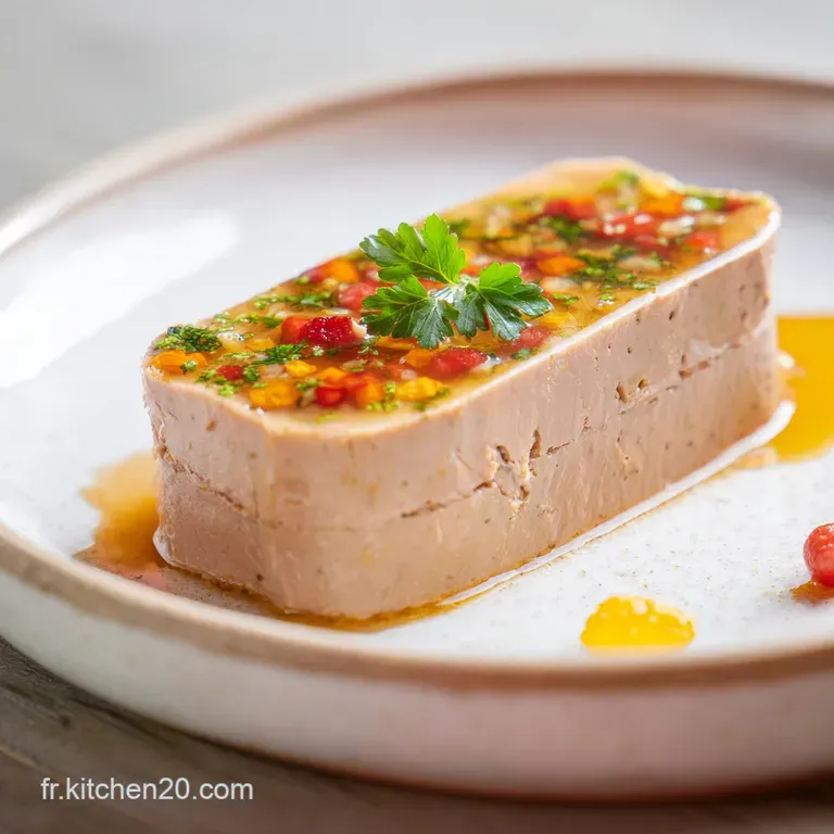 Elegant slice of foie gras terrine, artfully arranged with fig jam and toasted brioche points. Delicate herbs accent the p...
