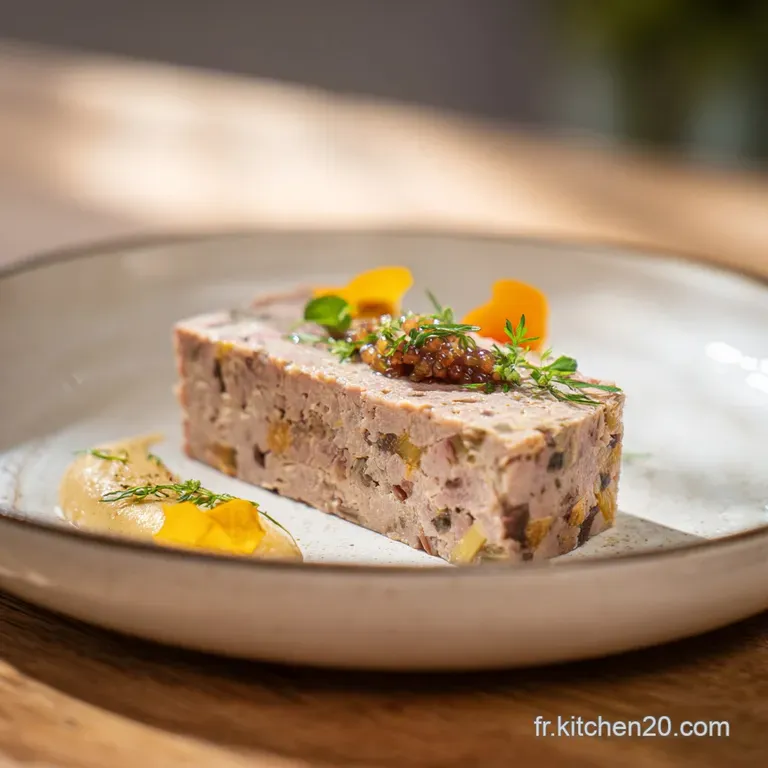 Thick slice of hearty terrine showing various textures of meat. Garnished with a sprig of thyme, hinting at savory flavors.
