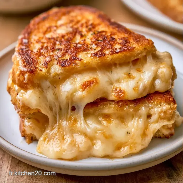 Deux triangles de toast grill&eacute;s pos&eacute;s sur une assiette blanche, r&eacute;v&eacute;lant un c&oelig;ur de fromage fondu et onctueux.