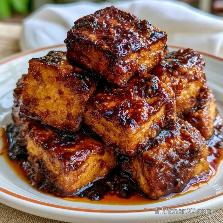 Cubes dor&eacute;s et croustillants align&eacute;s avec &eacute;l&eacute;gance, napp&eacute;s d'un sirop brillant sur une assiette en c&eacute;ramique sombre.