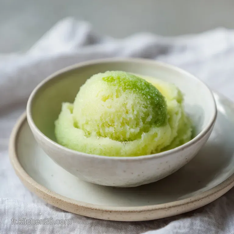 Elegant spoonful of bright green apple sorbet on a white plate, promising a palate-cleansing, cool sensation.