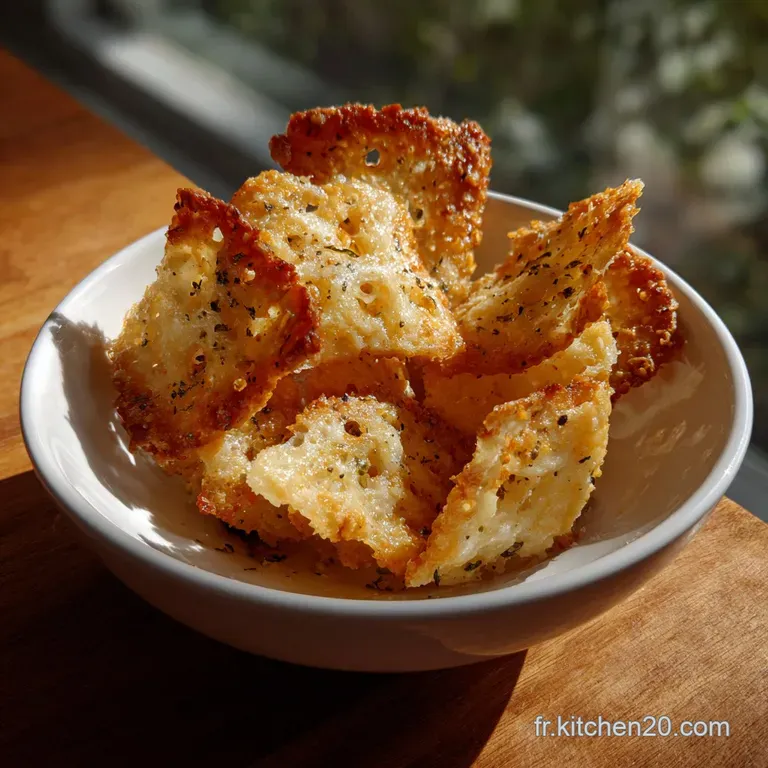 Elegant arrangement of thin, curved parmesan tuiles, the golden edges contrasting against a clean white plate, offering a ...