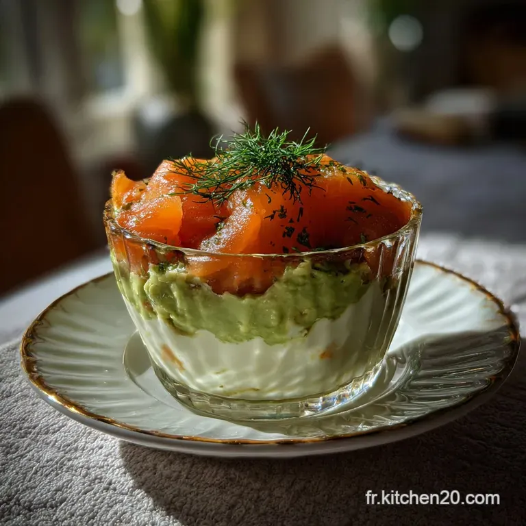 Elegant glass verrines showcase layers of avocado and salmon; the creamy cheese topping offers a delightful contrast in te...