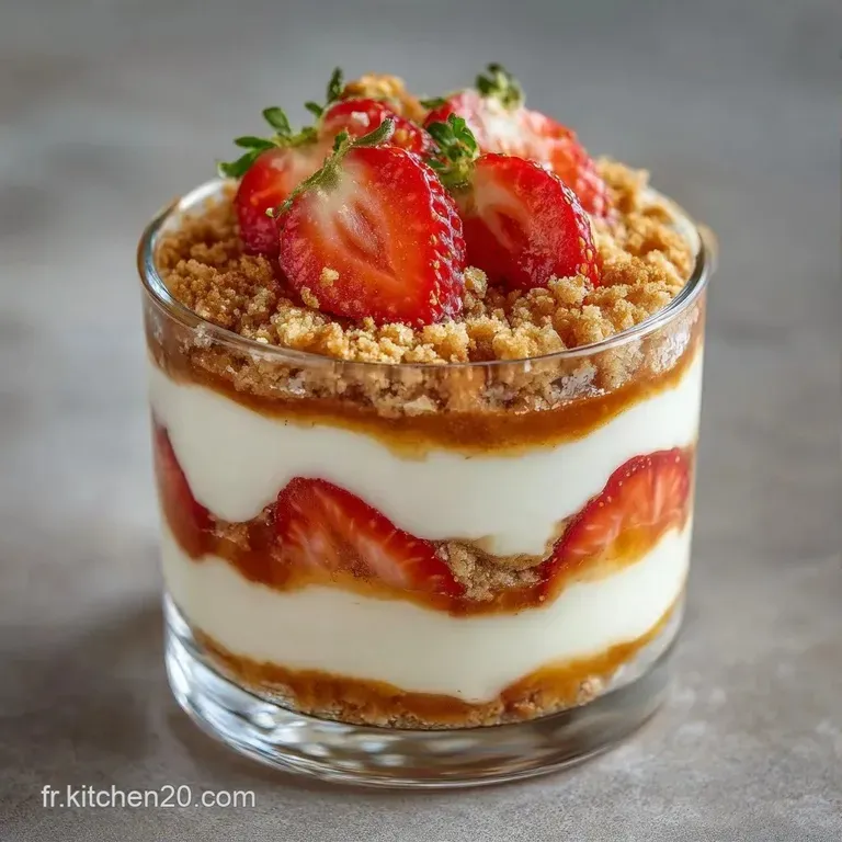 Un verre &eacute;l&eacute;gant d&eacute;voilant des strates de cr&egrave;me blanche lisse, de miettes caram&eacute;lis&eacute;es et de fraises rouge vif.