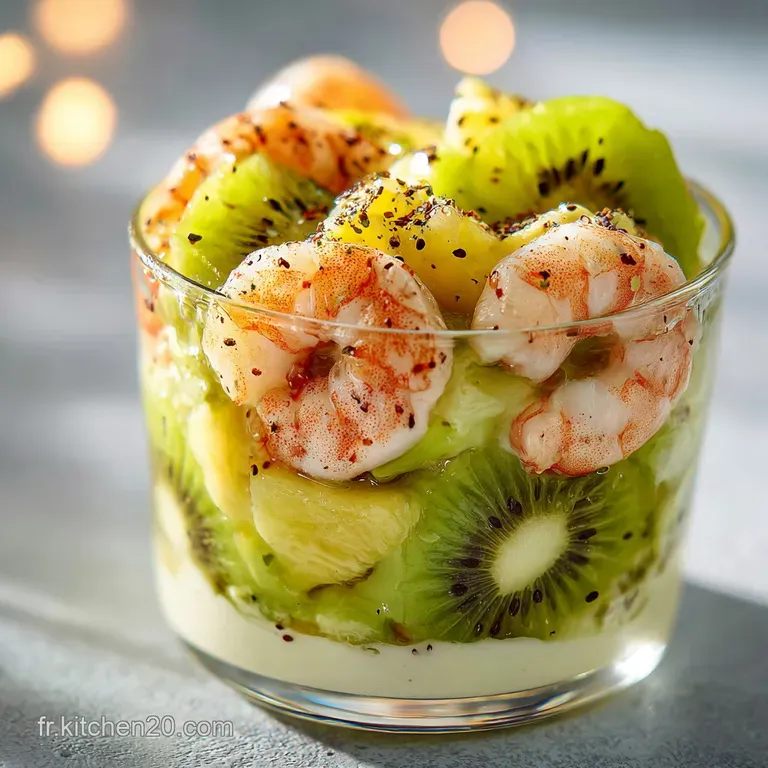 Elegant shrimp verrine: layers of pink shrimp, smooth avocado cream, and bright kiwi arranged artfully in a clear glass fo...