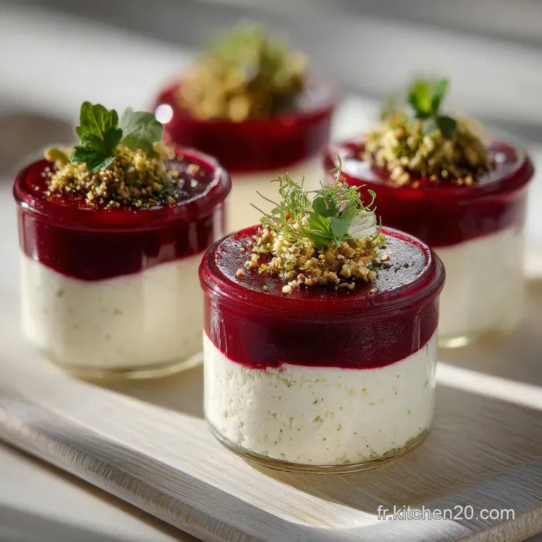 Elegant verrines showcasing layers of pink beet and white cheese. Delicate garnish of fresh herbs adds a refreshing touch,...