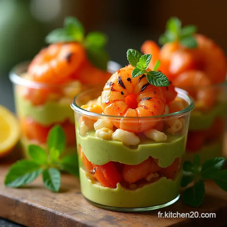 Verrines Davocat Crevettes Grill&eacute;es Au Citron Vert Et Granit&eacute; De Tomatebasilic presentation