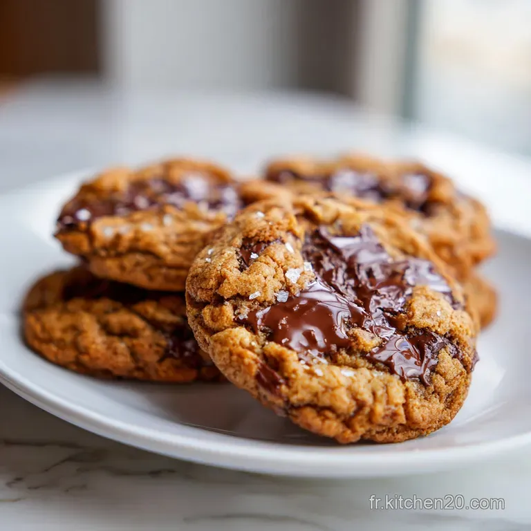 Stack of three thick, chewy chocolate chip cookies on a white plate. Streaks of melted chocolate glisten; coarse salt crys...