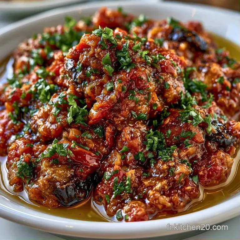 Onctueux m&eacute;lange rouge sombre dispos&eacute; en d&ocirc;me, d&eacute;cor&eacute; d'herbes fra&icirc;ches et d'un reflet huileux sur une assiette blanche.